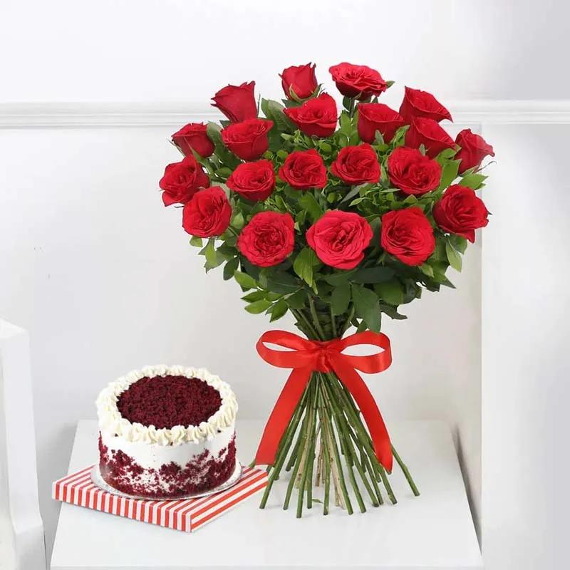 20 Red Roses Bunch and Red Velvet Cake