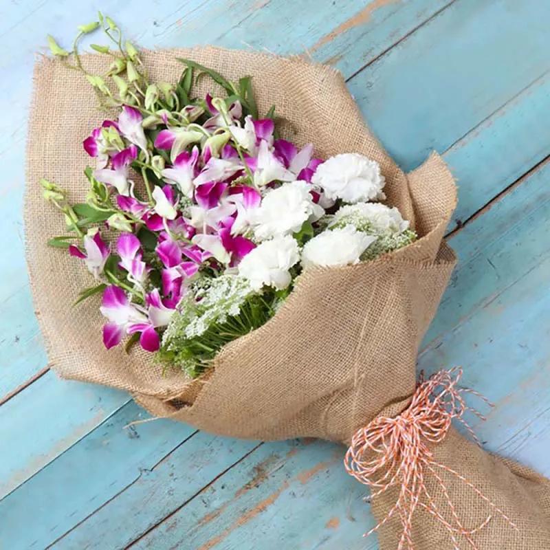 Carnations and Orchid Bunch with Personalised Cushion