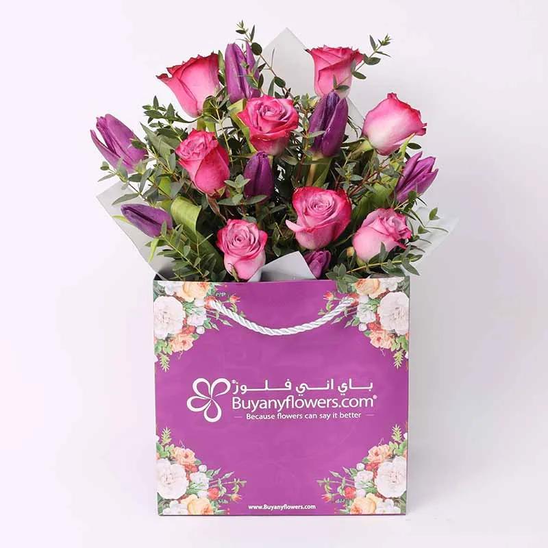 Charming 15 Purple Roses and Tulips Bag