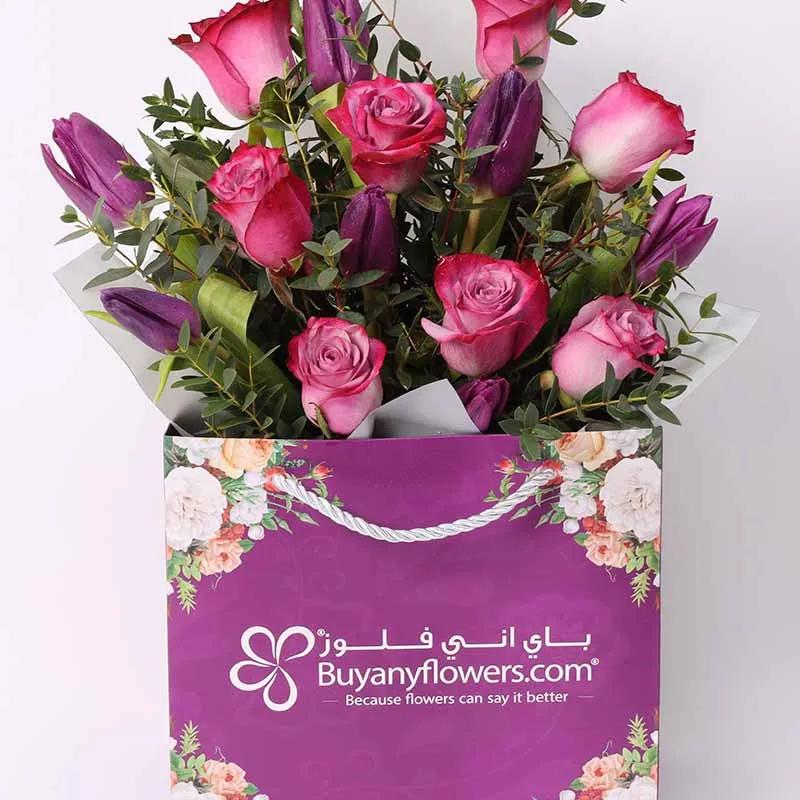 Charming 15 Purple Roses and Tulips Bag