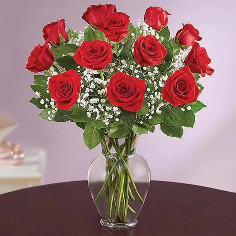 Elegant 12 Roses In Vase and Triple Chocolate Cake