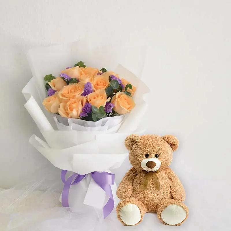 Flashing Peach Bouquet and Teddy Bear