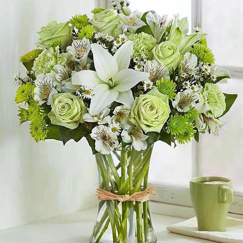 Green and White Flowers Vase