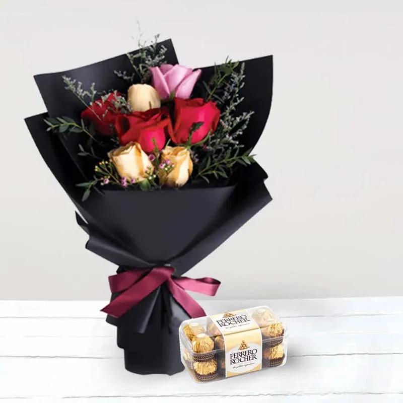 Mix Roses Bunch and Ferrero Rocher Chocolates