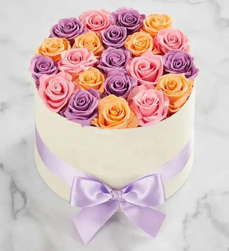 Mix Roses in White Round Box