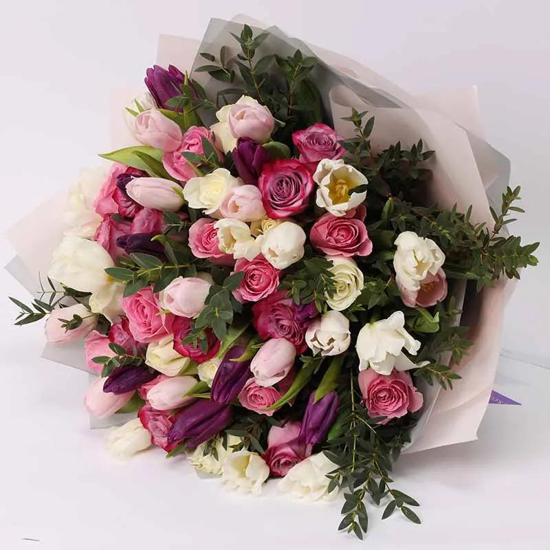 Modest 60 Roses and Tulips Bouquet