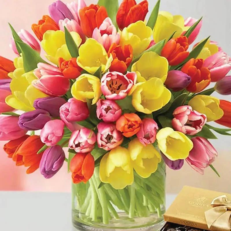 Morning Tulips with Godiva Chocolates