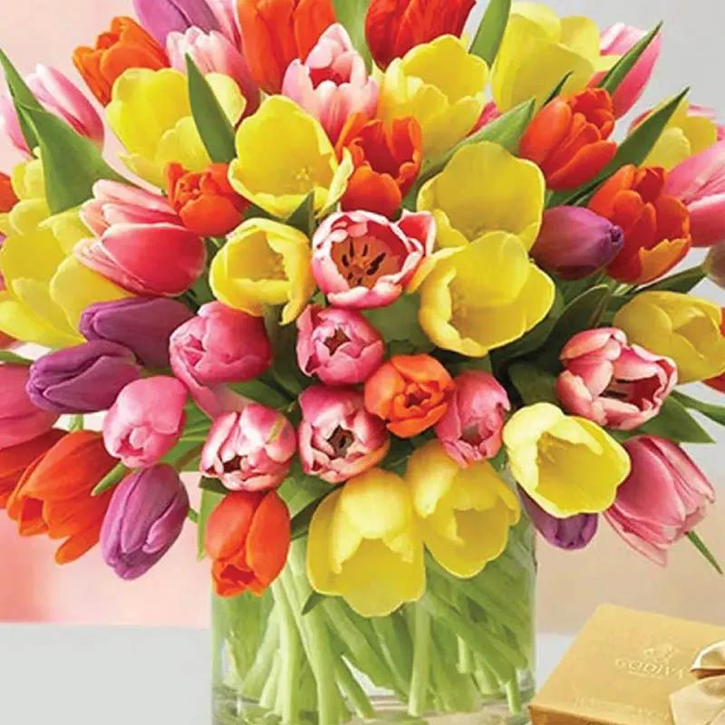 Morning Tulips with Godiva Chocolates