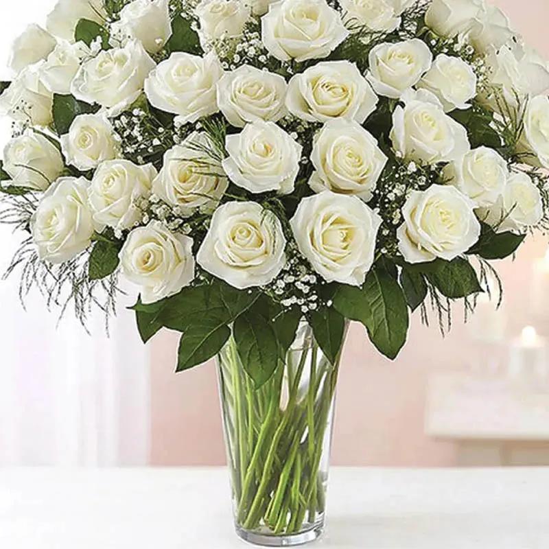 Peaceful 50 White Roses In Vase