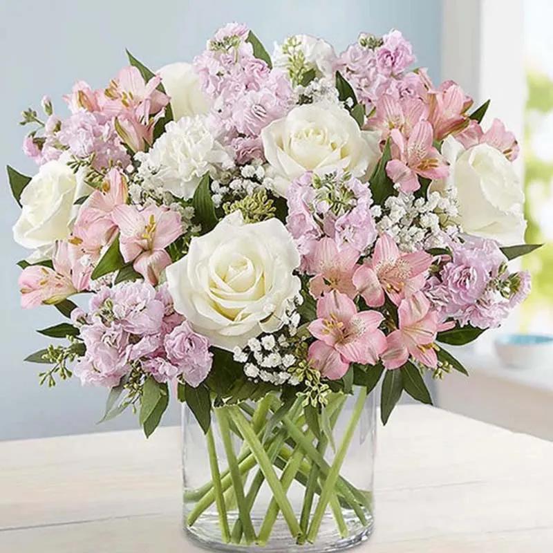 Pink and White Flowers in Vase with Personalised Cushion