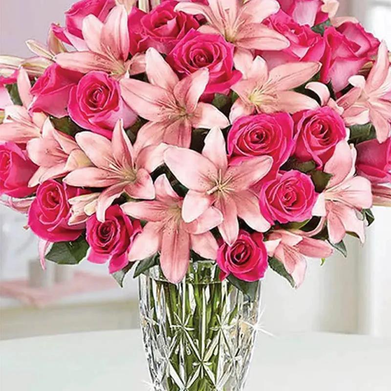 Pink Roses and Lily In Vase