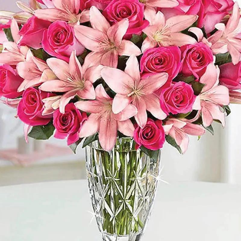 Pink Roses and Lily In Vase