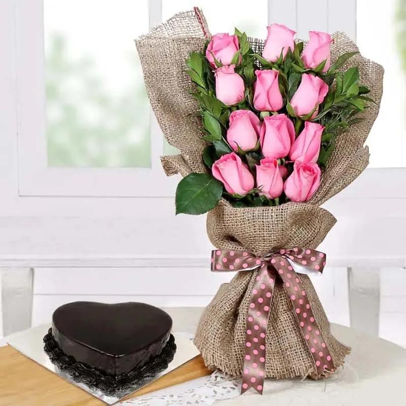 Pink Roses Bouquet and Heart Shape Cake