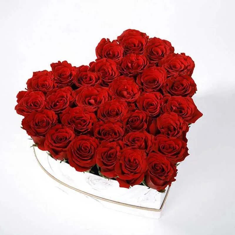 Red Roses in White Heart Shape Box